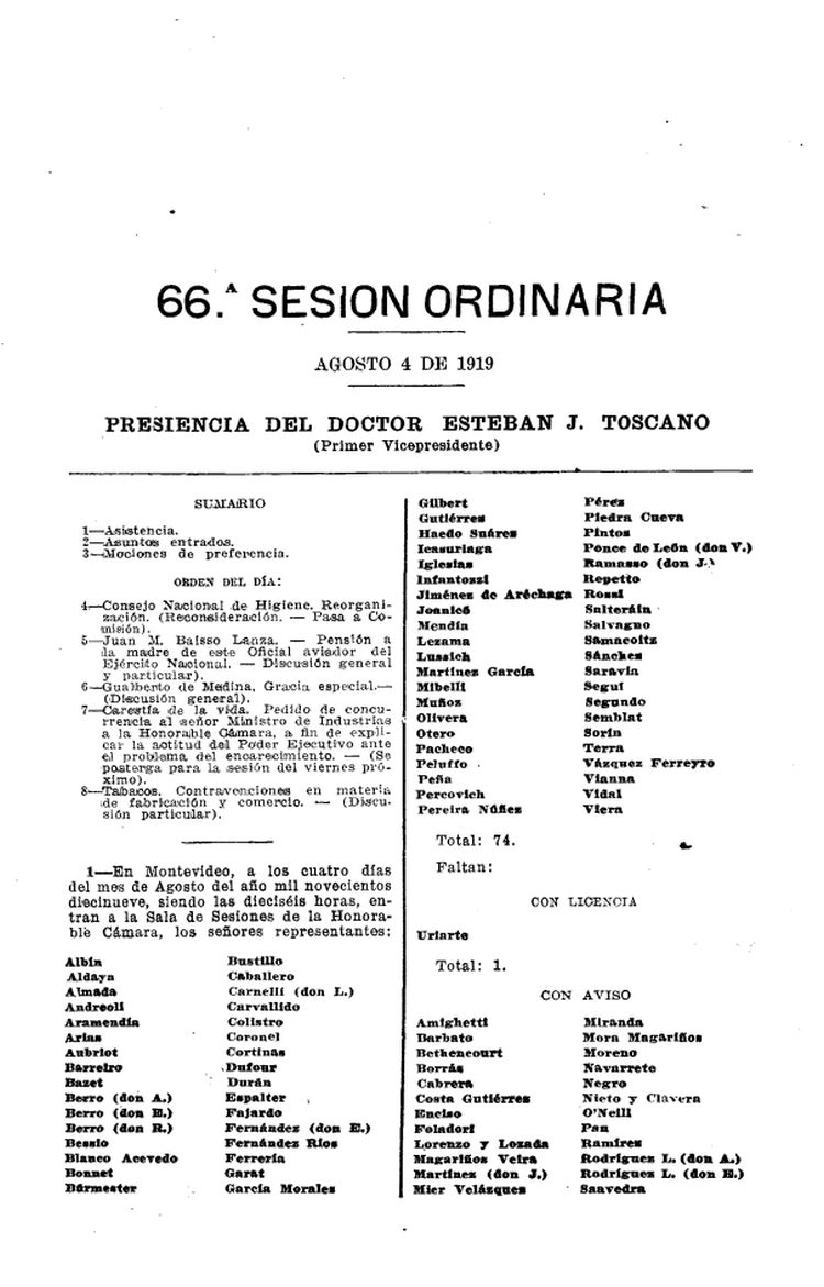 DIARIO DE SESIONES DE LA CAMARA DE REPRESENTANTES del 04/08/1919